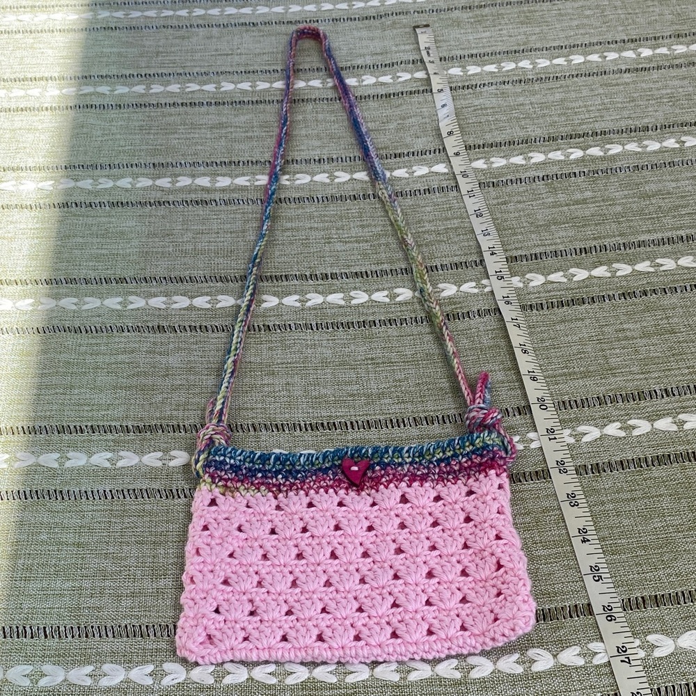 Handmade Pink Crochet Crossbody Bag with Multicolor Strap - Picture 2 of 2